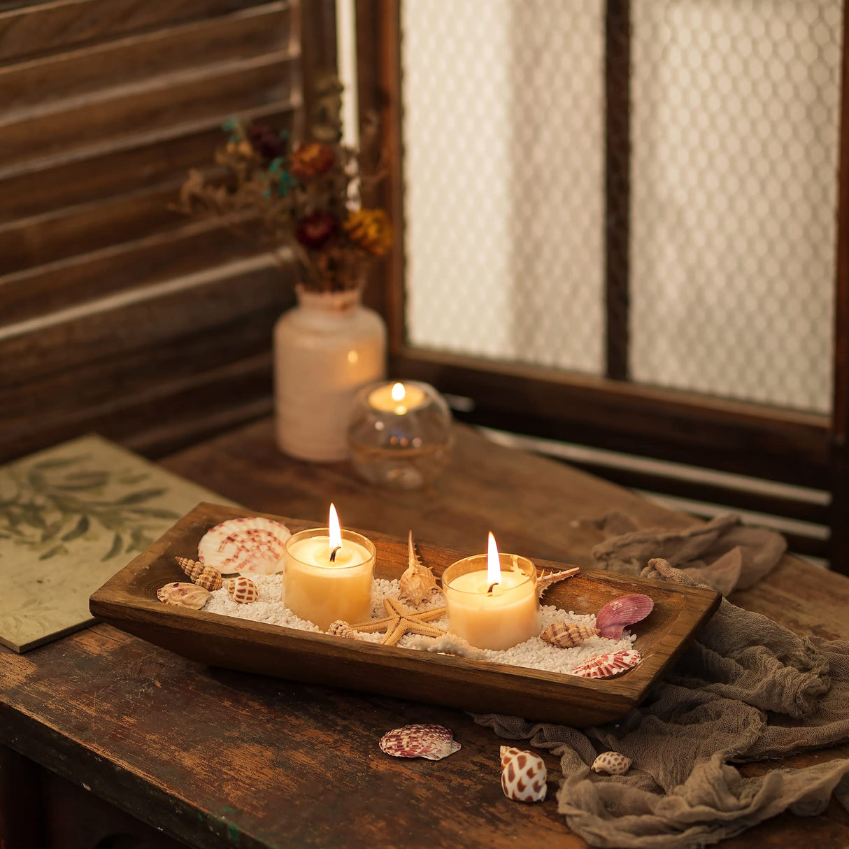Hanobe Decorative Wooden Dough Bowl: Wood Table Centerpiece Decorations Rustic Natural Candle Holder Tray Trough for Dining Room Kitchen Decor, Brown Hanobe