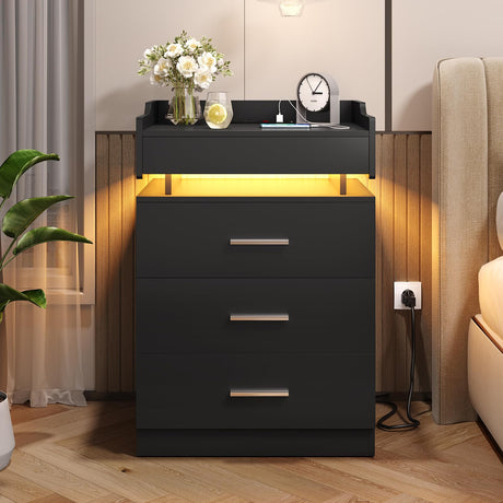 BTHFST LED Nightstand Set of 2, Large Night Stand with Charging Station, Bedside Table with Pull-Out Shelf and 3 Drawers, Modern End Table Side Table with Storage, Black BTHFST