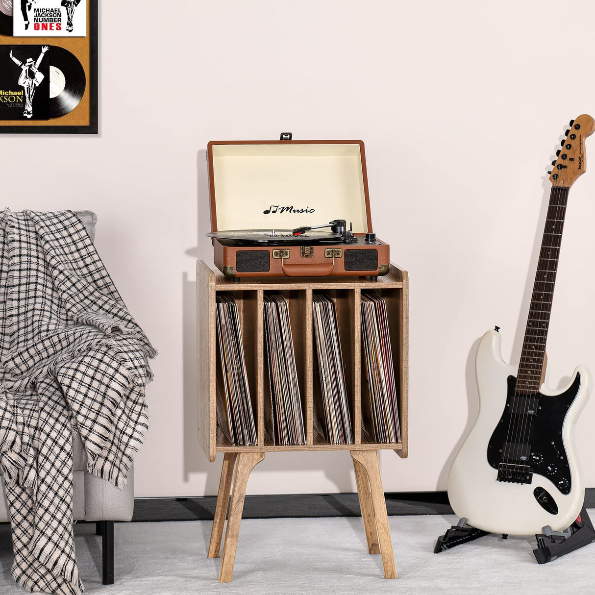 LELELINKY Record Player Stand,Vinyl Record Storage Table with 4 Cabinet Up to 100 Albums,Mid-Century Modern Turntable Stand with Wood Legs,Oak Grey Vinyl Holder Display Shelf for Bedroom Living Room LELELINKY