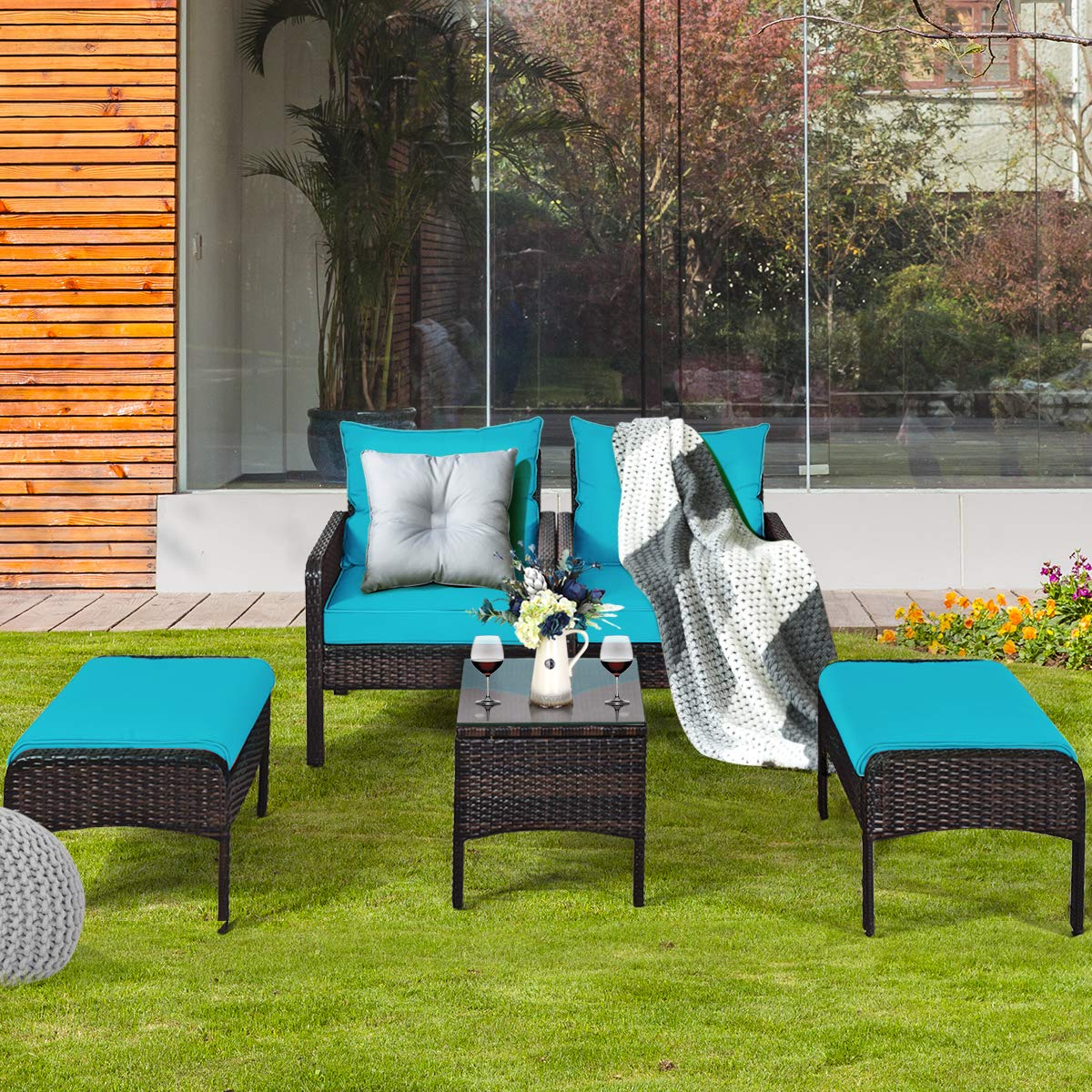 Tangkula Wicker Furniture Set 5 Pieces PE Wicker Rattan Outdoor All Weather Cushioned Sofas and Ottoman Set Lawn Pool Balcony Conversation Set Chat Set (Turquoise) Tangkula