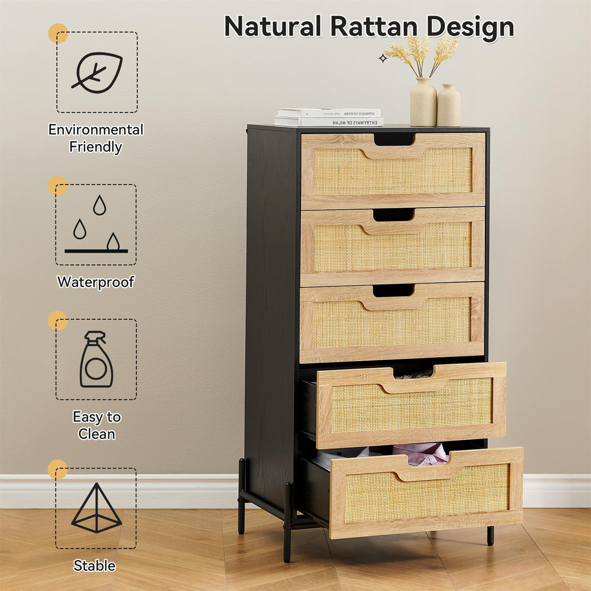 GAOMON 5 Drawer Dresser Rattan Dresser for Bedroom, Modern Wood Storage Chest of Drawers, Tall Dresser Cabinet Organizer for Living Room Hallway (Black) GAOMON
