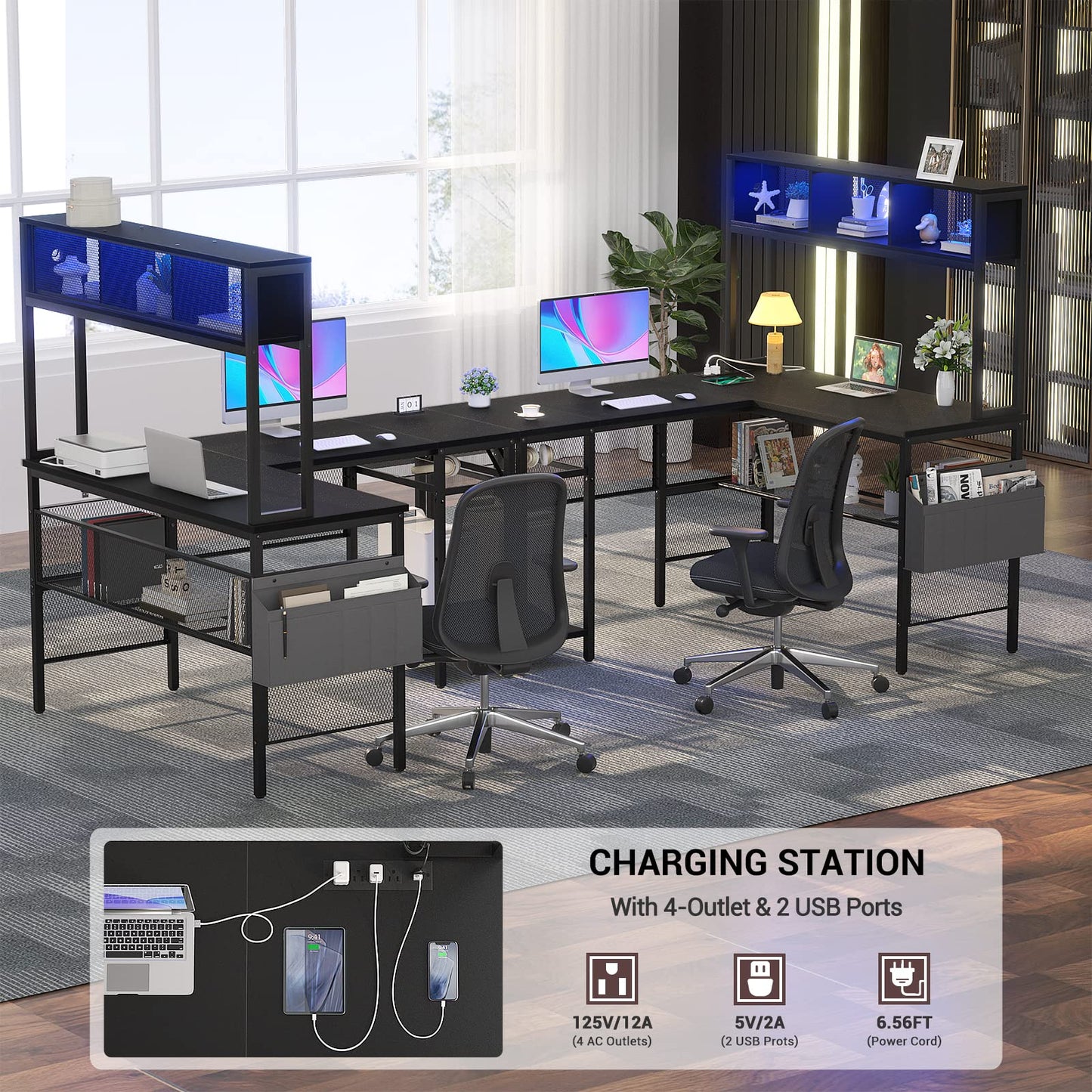 Aheaplus 55 Inch L-Shaped Gaming Desk with LED Lights, Power Outlets, and Ample Storage for Home Office - WoodArtSupply