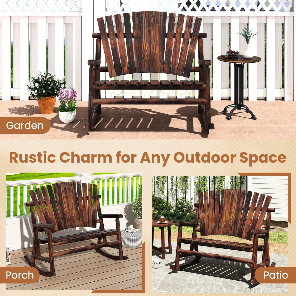 Giantex Outdoor Wooden Rocking Bench, 2-Person Adirondack Porch Rocker Chair with High Back and Slatted Seat, Rustic Log Loveseat for Front Porch Patio, Backyard, Garden, Brown, 51”x38”x46” Giantex