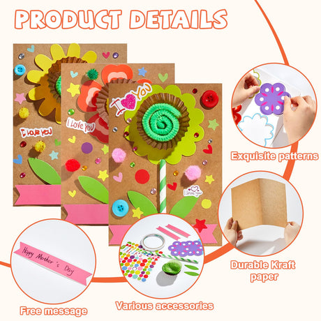 24 Packs Mother's Day Crafts for Kids 3D Flower Greeting Card Making Kit Happy Mothers Days Paper DIY Art Craft Set with Foam Stickers Straws Cake Cups Handmade Gifts for Mom Classroom Activity Lonfliness