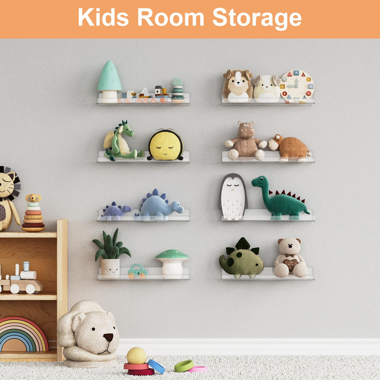 upsimples 16 Pack Acrylic Shelves for Wall Storage, 15" Floating Bookshelves for Kids, Display Shelf Organizer for Bathroom, Bedroom, Living Room, Kitchen, Room Decor, Clear upsimples