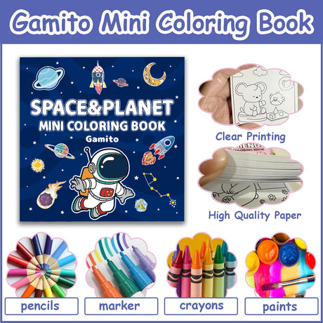 Mini Coloring Book for Adults, 2-Pack Travel Small Coloring Books, Pocket Size Adults Relaxation Coloring Books Stress Relief Adult Mini Coloring Book (Vehicle & Space Planet) Gamito