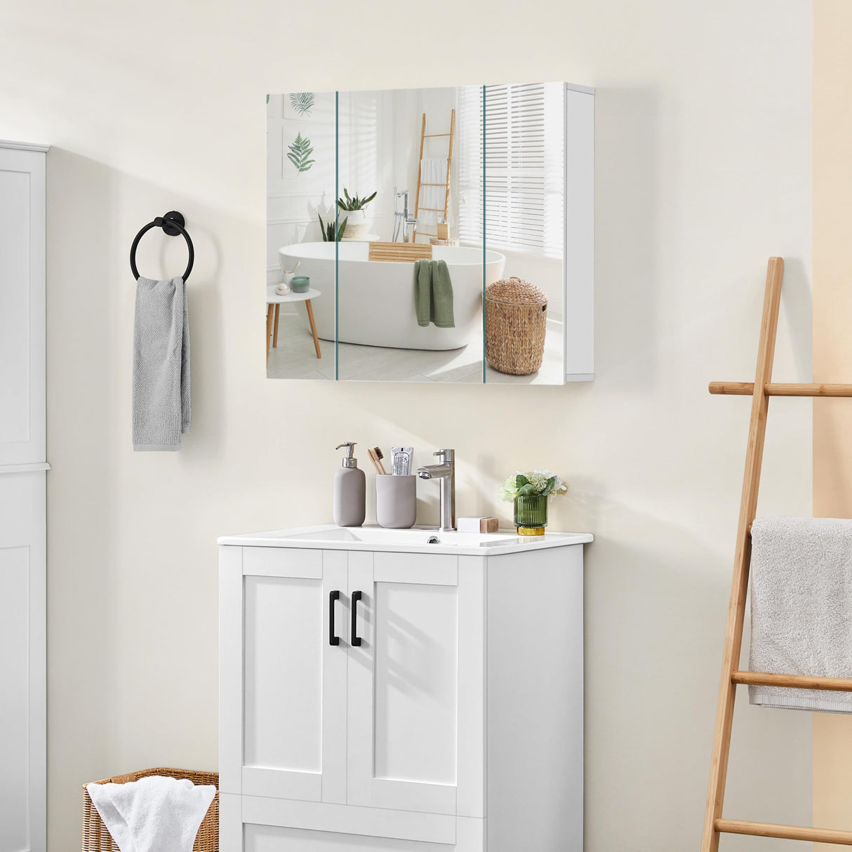 Yaheetech Bathroom Mirror Cabinet with 3 Doors, Wall Mounted Medicine Cabinet with Adjustable Shelf, Storage Cupboard for Living Room, Laundry Room, Mudroom, White Yaheetech