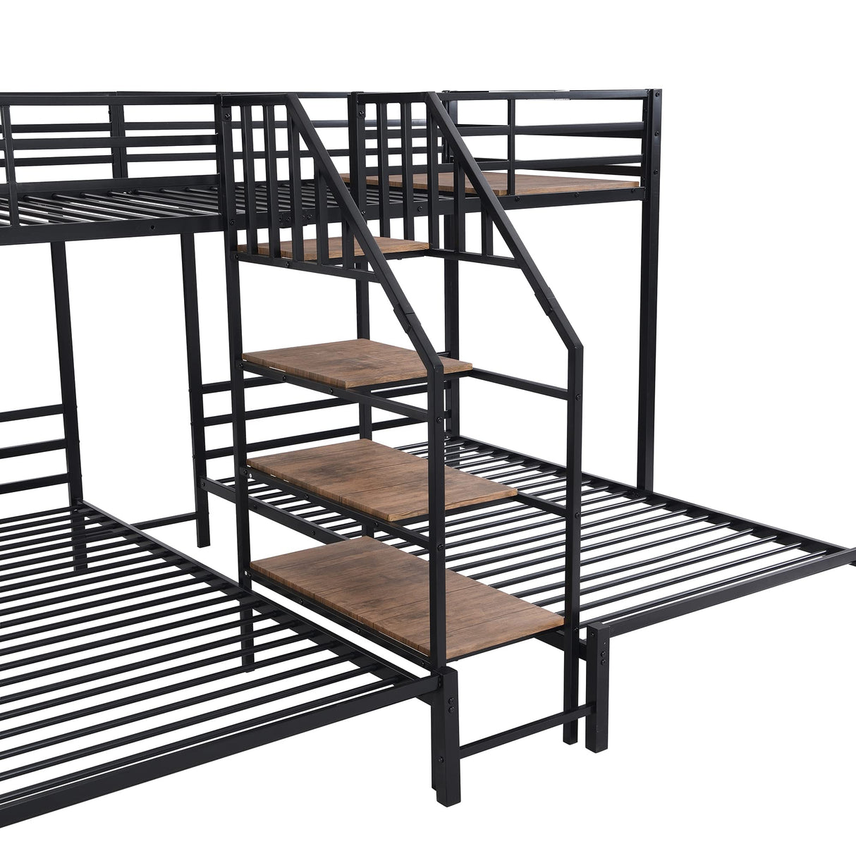 FAROUCHE Metal Bunk Bed with Storage Staircase, Twin Over Two Twin L-Shaped Triple Bunk Bed, 3-in-1 T Platform Beds Space Saving Design, No Box Spring Needed, Black FAROUCHE