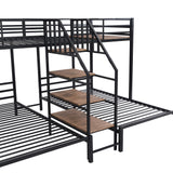 FAROUCHE Metal Bunk Bed with Storage Staircase, Twin Over Two Twin L-Shaped Triple Bunk Bed, 3-in-1 T Platform Beds Space Saving Design, No Box Spring Needed, Black FAROUCHE