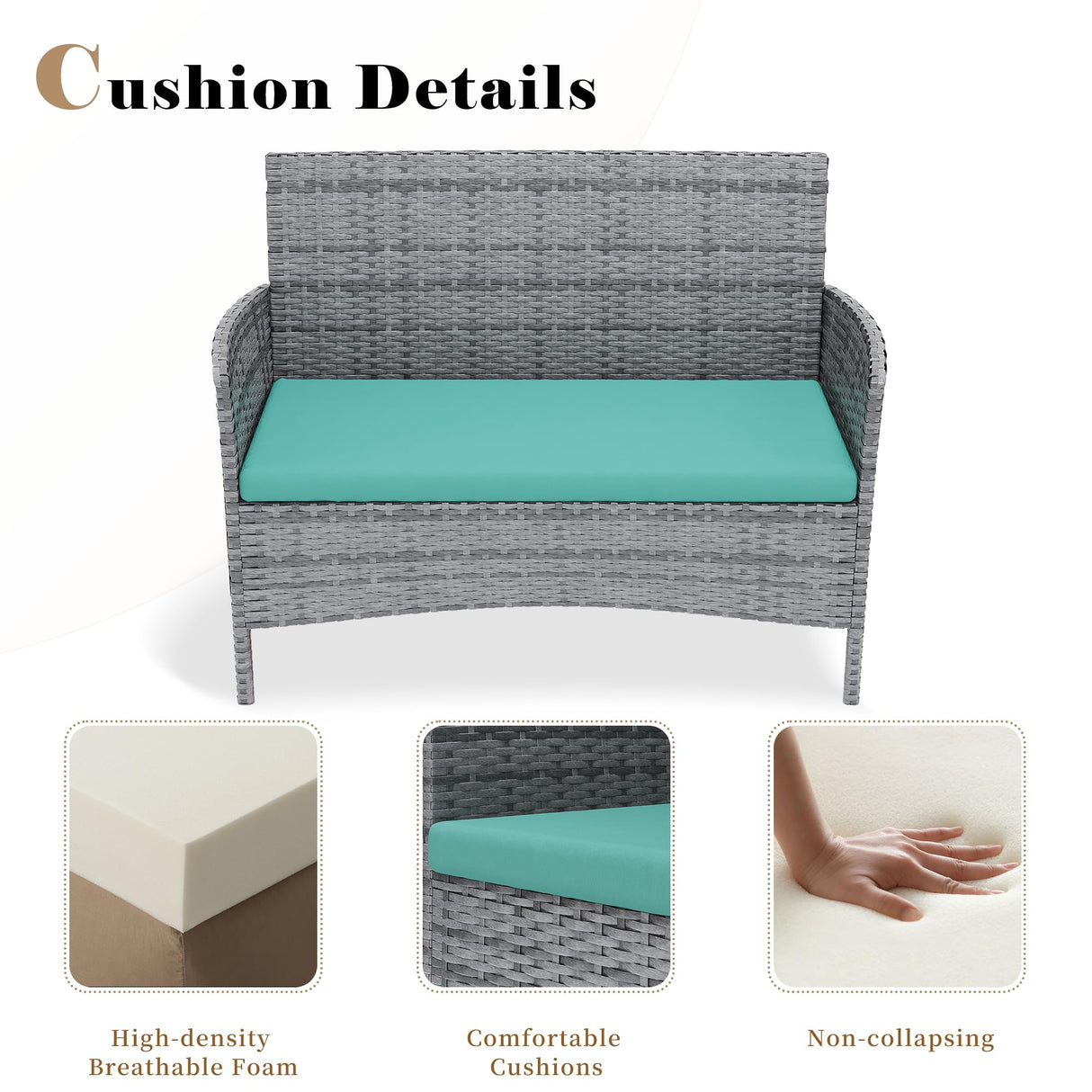 VONZOY Patio Furniture Set 4 Pieces Small, Belcony Furniture Outdoor Wicker Patio Conversation Set for Backyard,Porch, Deck,Garden,Poolside and Balcony (Turquoise) VONZOY