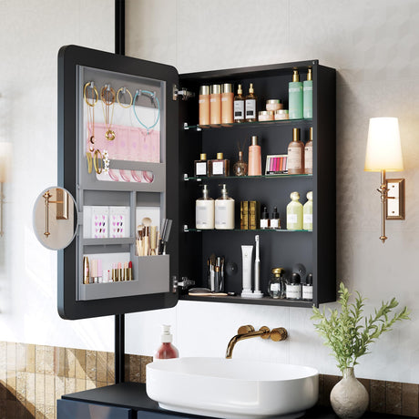 Black Medicine Cabinets for Bathroom with Mirror:20x26 Inch Small Mirrored Vanity Storage with Adjustable Shelves-Surface or Recessed Wall Mount-Matte Black Frame MemoCastle