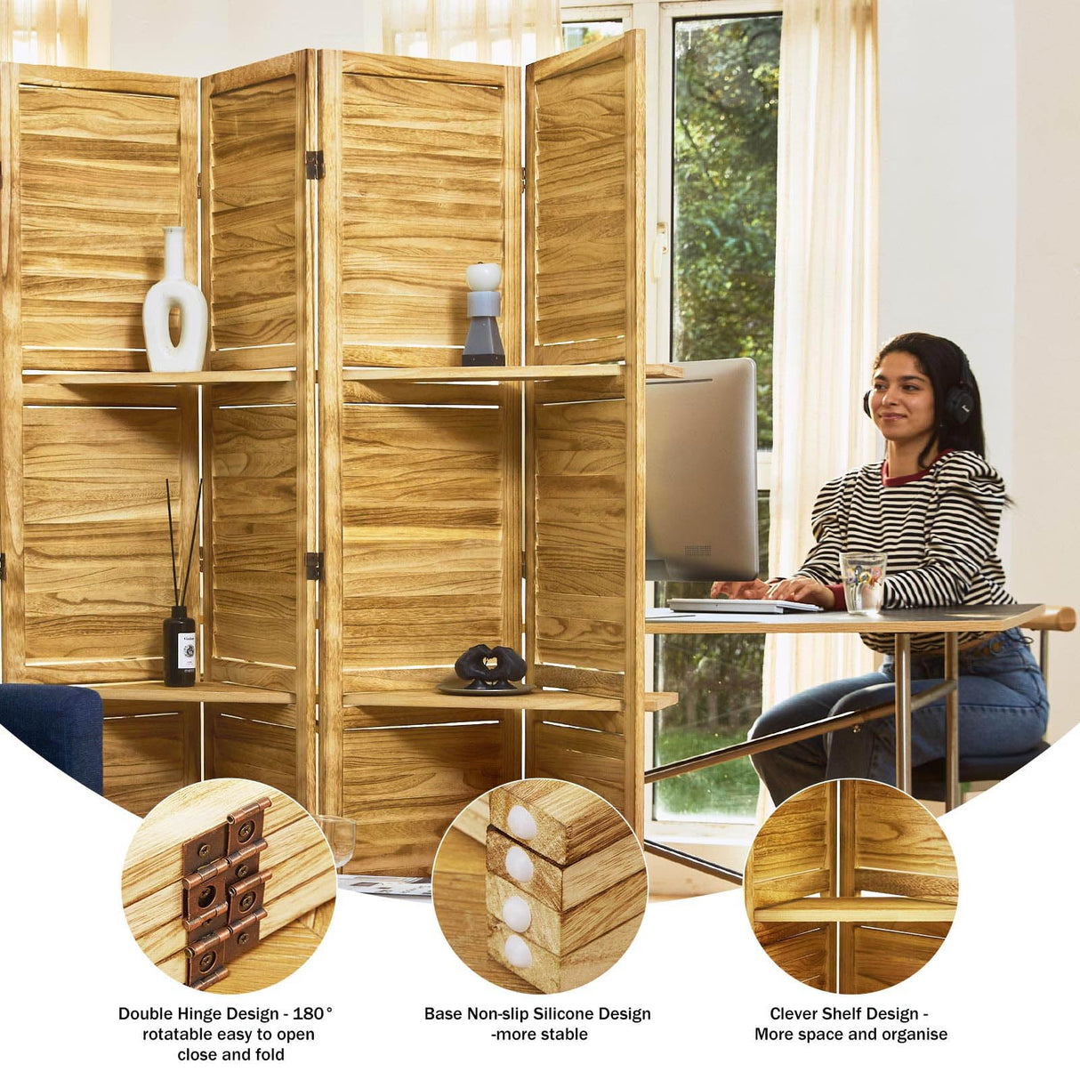 Partition Room Dividers, 67 * 51inch Folding Wood Privacy Screen with Three Display Shelves Suitable for Home Office, Study, Art Display - 4 Panel(Natural) Svimi