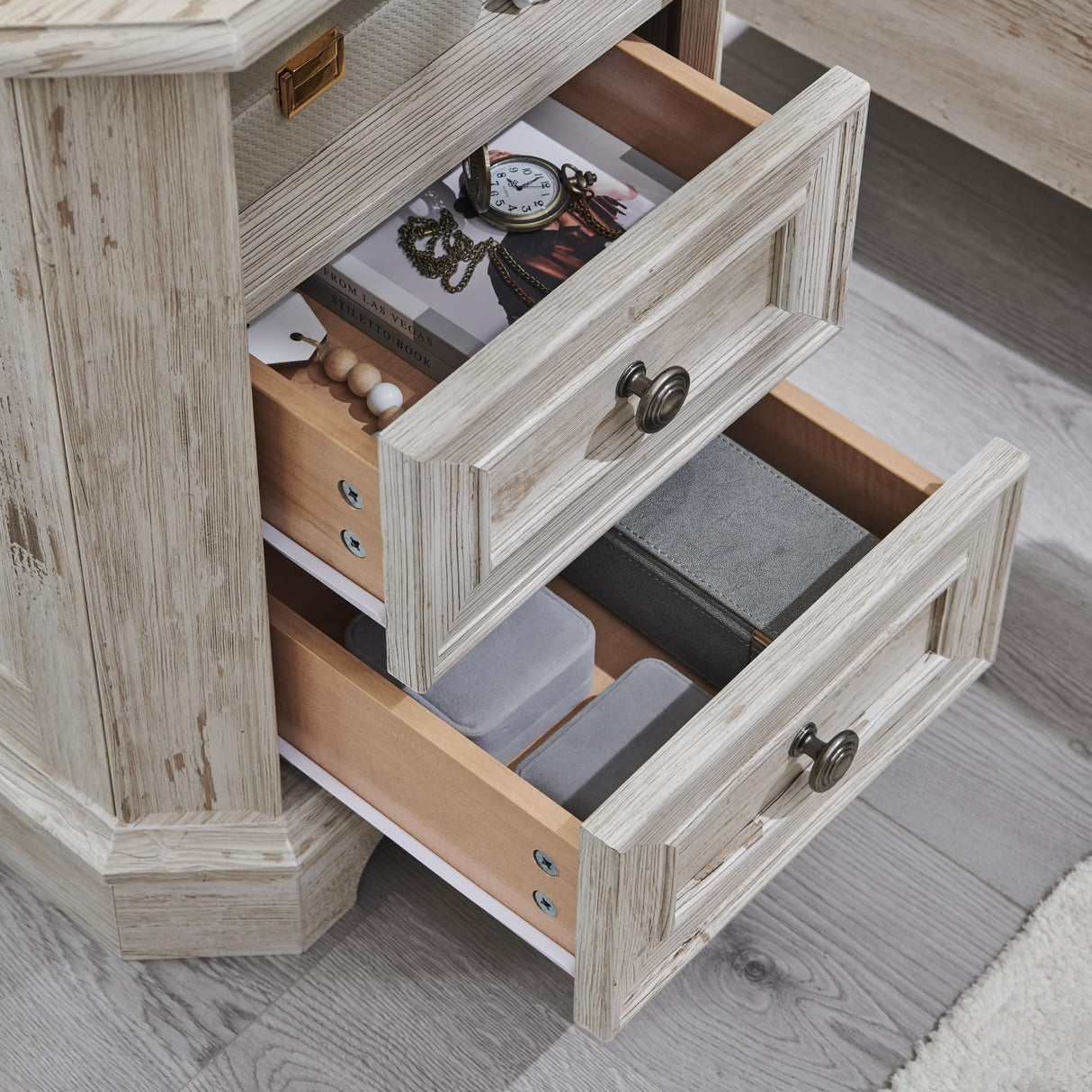 T4TREAM Farmhouse Nightstand with Charging Station, 18" End Table with 2 Drawers, Wood Side Table, Bedside Cabinet for Bedroom, Living Room (Distressed White) T4TREAM