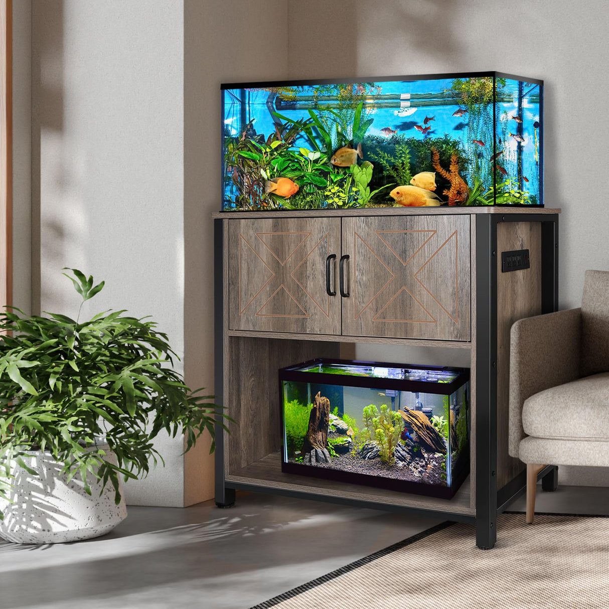 BEURUKU 40 Gallon Tank Stand with Cabinet and Power Outlets, Heavy Duty Metal Aquarium Stand for 40-50 Gallon Breeder Tank, Turtle Tank, Double Terrarium Stand, 660LBS Capacity, Grey BEURUKU