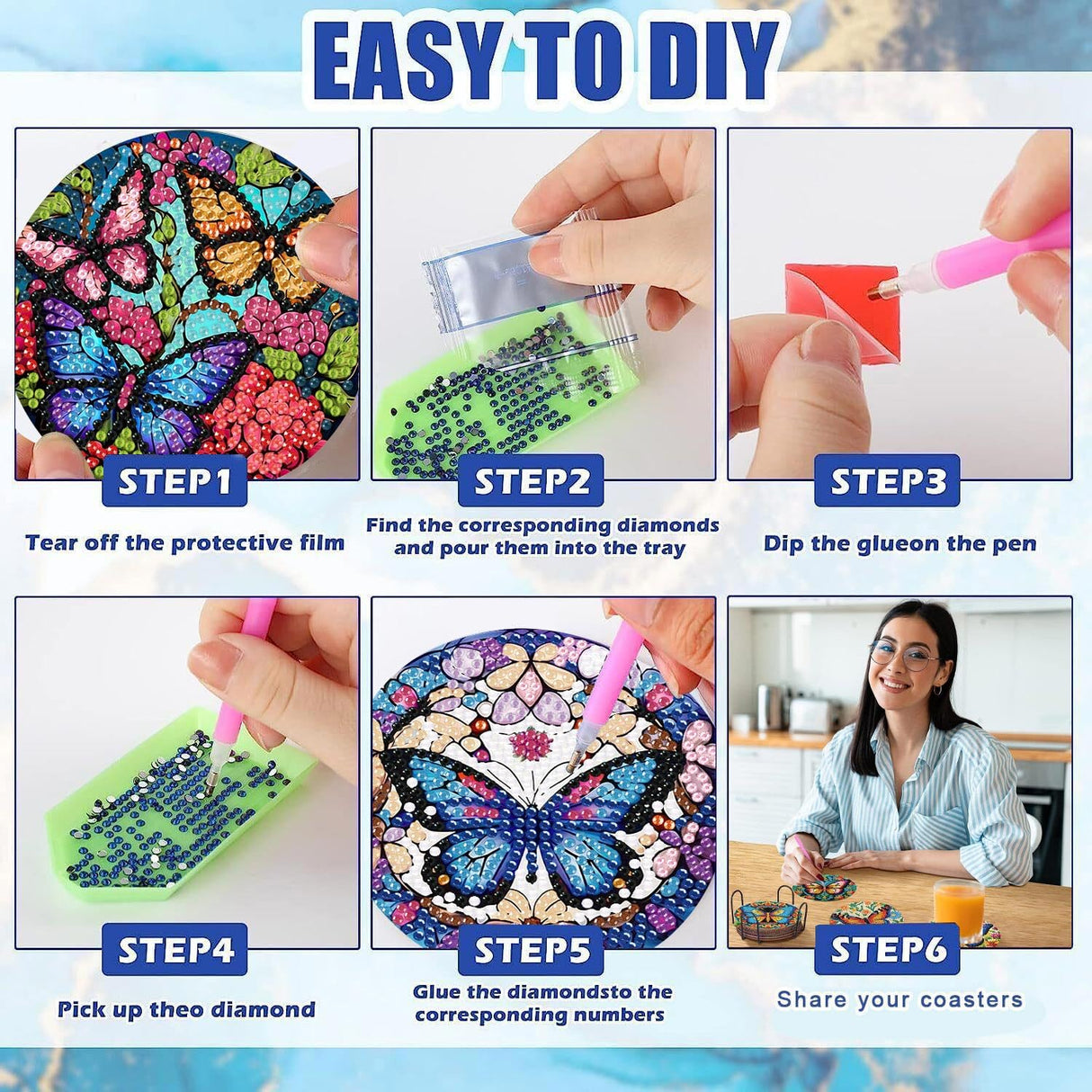 Mrnsiet 8 Pcs Butterfly Diamond Painting Coasters Kits with Holder, DIY Butterfly Diamond Art Coaster Non Slip Coaster for Tabletop Protection 4x4 Inch Mrnsiet