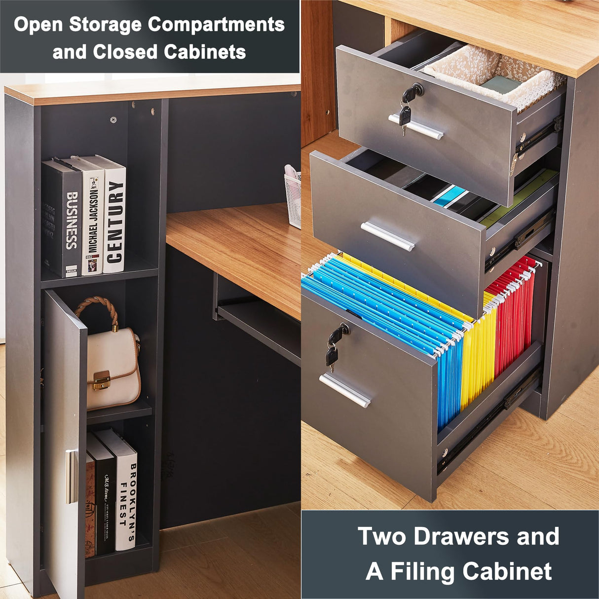 LayBurst L Shaped Reception Desk with Lockable Drawers and Adjustable Filling Cabinet,Modern Front Desk Reception Counter with Keyboard Tray and Storage Cabinet for Checkout,Lobby,Beauty Salon LayBurst