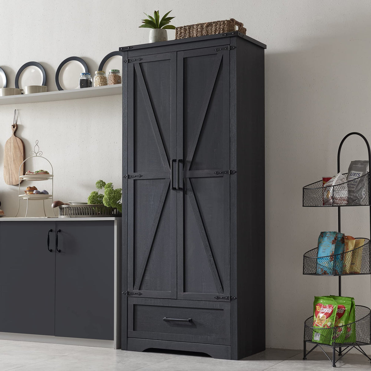 JXQTLINGMU 72" Tall Farmhouse Kitchen Pantry with Adjustable Shelves, Large Wood Storage Cabinet with Drawer & 2 Barn Doors, Versatile Storage for Dining Room, Bathroom, Living Room, Black JXQTLINGMU