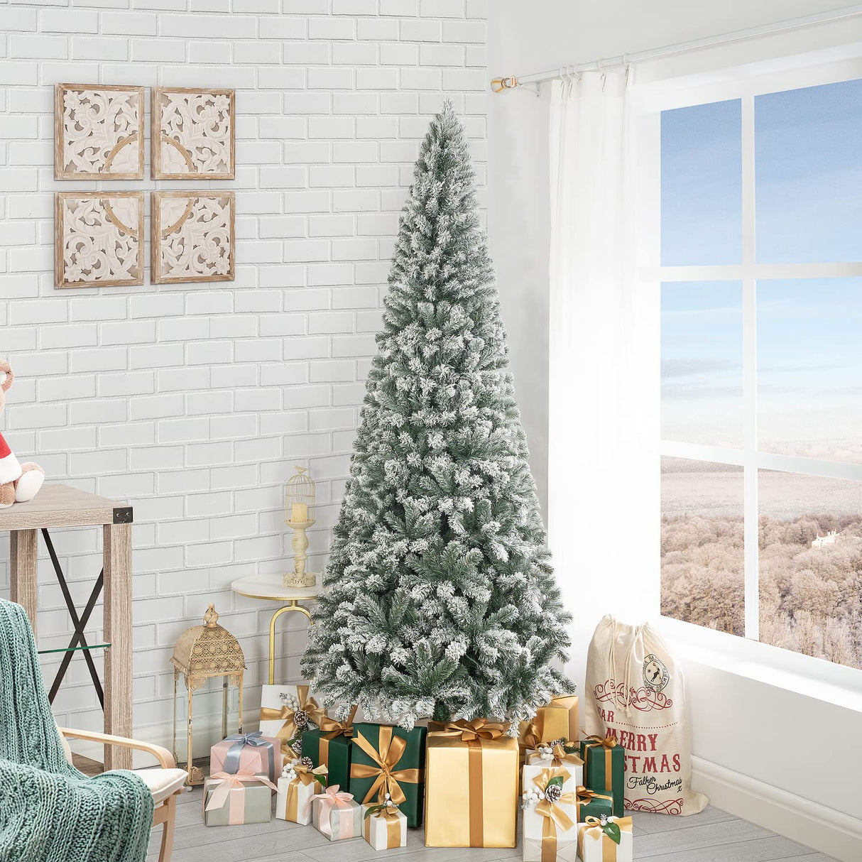 Salzburg 9ft Frosted Prelit Slim Artificial Christmas Tree with 1455 Branch Tips, 500 Warm Lights and Metal Stand, 37" Wide Realistic Snow Flocked Skinny Pencil Christmas Tree by Naomi Home Naomi Home