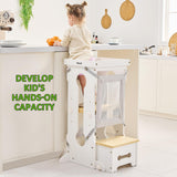 Bateso Toddler Standing Tower, Adjustable Height Toddler Kitchen Stool Helper for Kids 1-6, Toddler Kitchen Step Stool with 2 Detachable Nets, Wooden Montessori Toddler Tower for Kitchen Counter Bateso