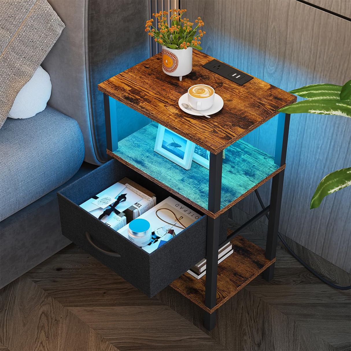 VIMBER Nightstand Set of 2, Adjustable LED Side Table with Charging Station and Fabric Drawer,Beside Table with Open Compartment for Living Room, Easy Assemble, 3 Tier End Table for Bedroom, Brown VIMBER