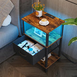 VIMBER Nightstand Set of 2, Adjustable LED Side Table with Charging Station and Fabric Drawer,Beside Table with Open Compartment for Living Room, Easy Assemble, 3 Tier End Table for Bedroom, Brown VIMBER