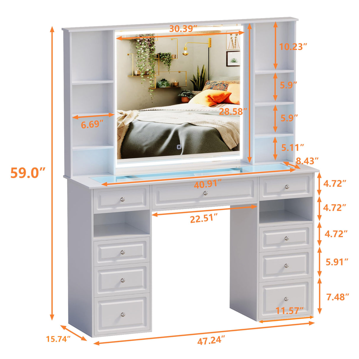 Wildhome Vanity Desk with Mirror and Lights, Glass Top Dressing Table with 9 Drawers, Makeup Vanity with Storage Bench, European Style Vanity, Adjustable Brightness Vanity for Bedroom(White) Wildhome