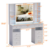 Wildhome Vanity Desk with Mirror and Lights, Glass Top Dressing Table with 9 Drawers, Makeup Vanity with Storage Bench, European Style Vanity, Adjustable Brightness Vanity for Bedroom(White) Wildhome