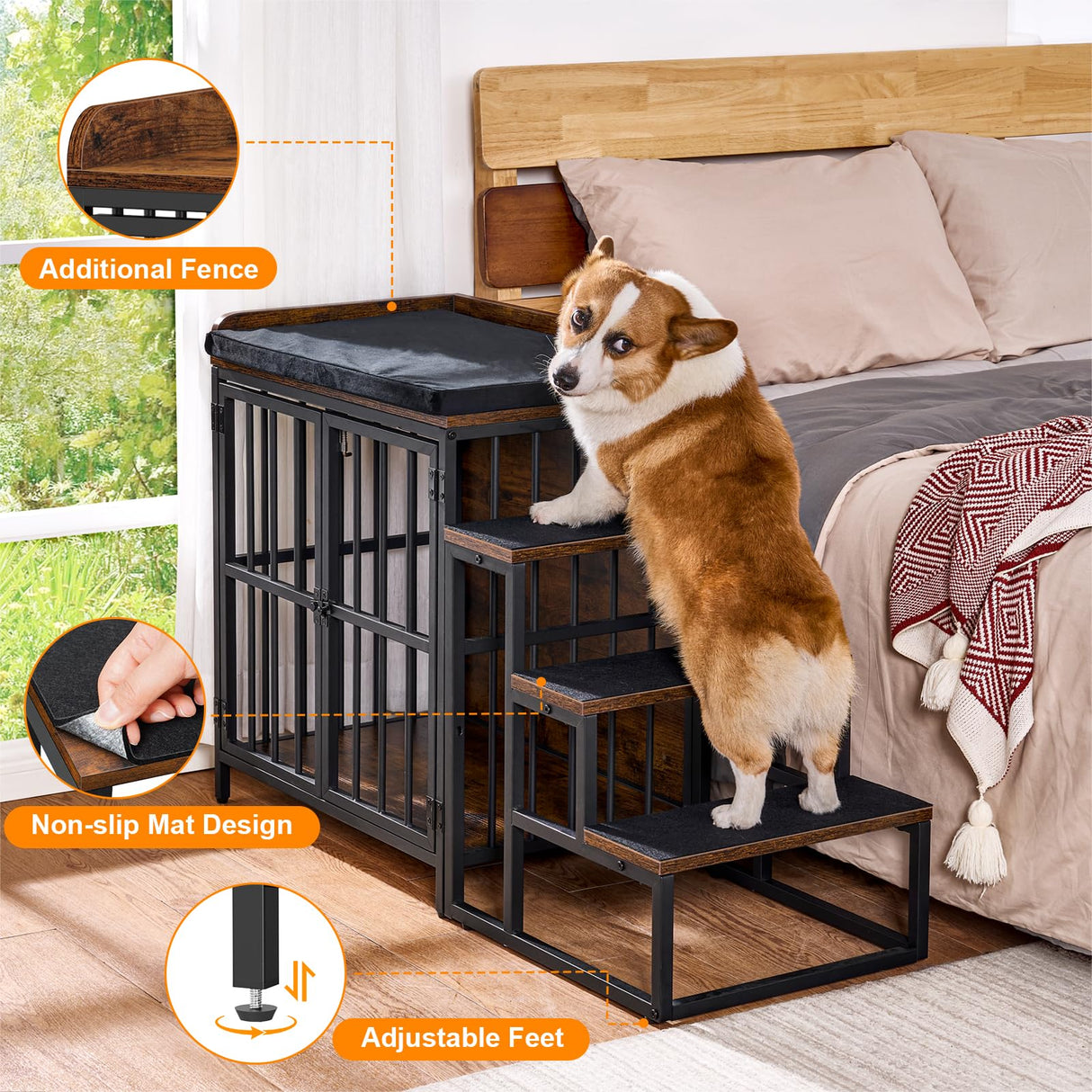 Snughome Dog Crate Furniture with Stairs, 41.73‘’ Wooden Dog Kennel Indoor with Double Doors, Furniture Style Dog Crate with Cushion for Dogs, Heavy Duty Dog Cage for Small/Medium Dogs, Rustic Brown Snughome