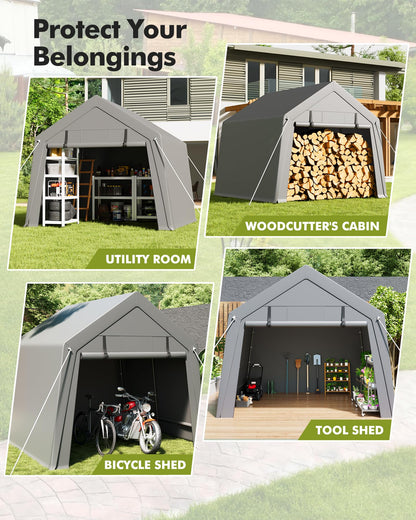 7 x 12 ft Carport Storage Shed, Portable Garage with Roll-up Zipper Door, Heavy Duty Waterproof Tarp, Storage for Motorcycle, Bike, Firewood, Garden Tools