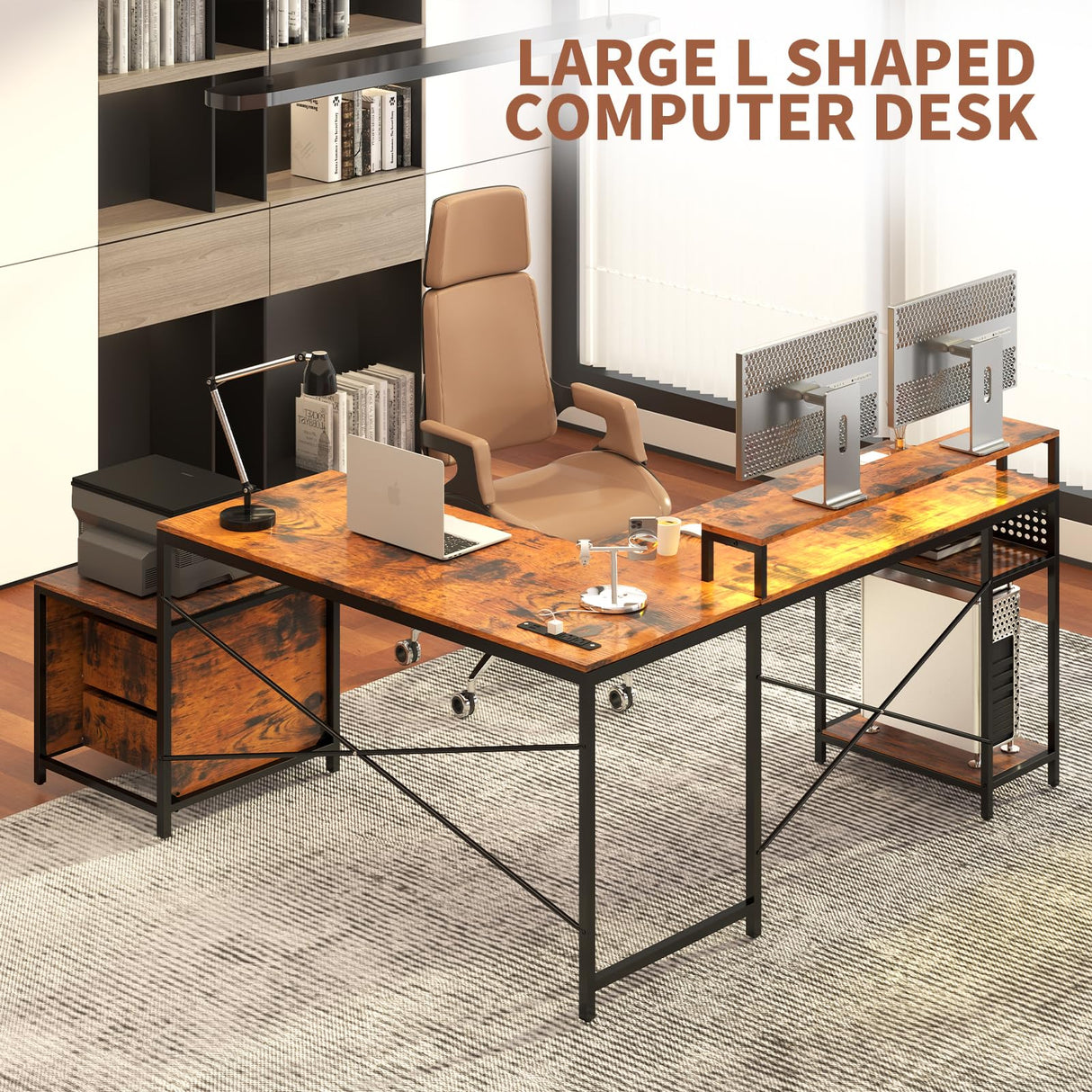 OtterOasis 66" L Shaped Desk with Wood Drawers, 113" 2 Person Desk with Printer Stand, Large Reversible L Shape Gaming Desk with Power Outlet, Brown Computer Desk with Power Outlet for Home Office OtterOasis