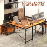 OtterOasis 66" L Shaped Desk with Wood Drawers, 113" 2 Person Desk with Printer Stand, Large Reversible L Shape Gaming Desk with Power Outlet, Brown Computer Desk with Power Outlet for Home Office OtterOasis