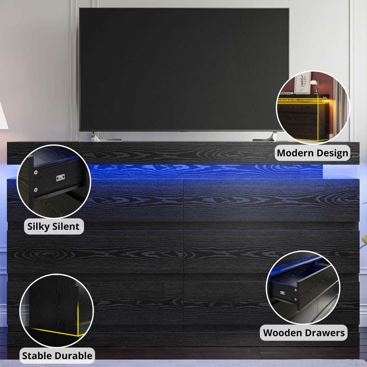 LIKIMIO 59" 6 Drawers Dresser for Bedroom, with LED & Power Strip, Large Wood Dressers & Chest of Drawers, Wide Storage Cabinet, Black LIKIMIO