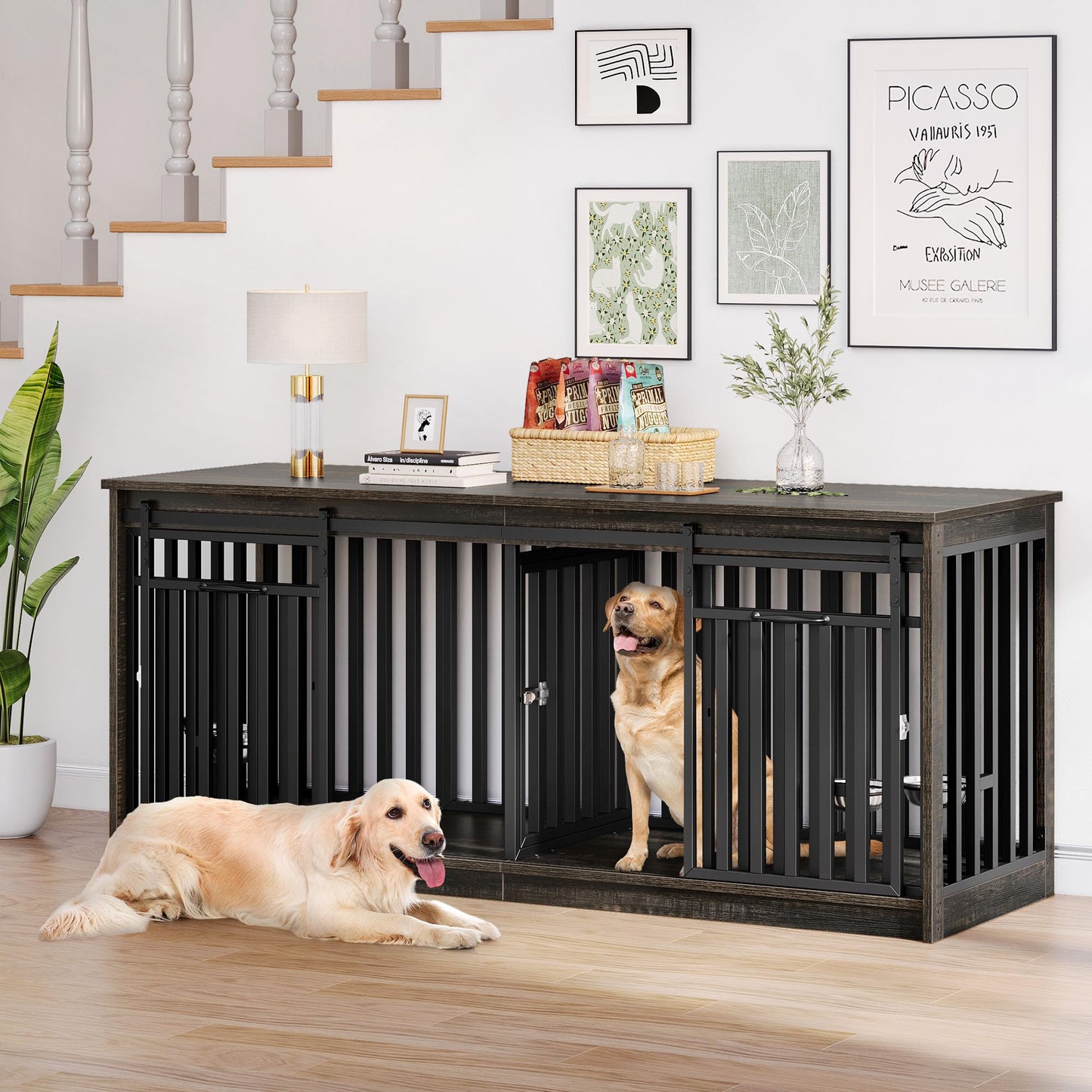 DWVO 71" Double Dog Crate Furniture for 2 Medium Dogs, Heavy Duty Wood Dual Dog Kennel TV Stand with Sliding Doors, Decorative Wooden Two Dog Cage Table with Dog Bowl for Extra Large Dogs Black Oak