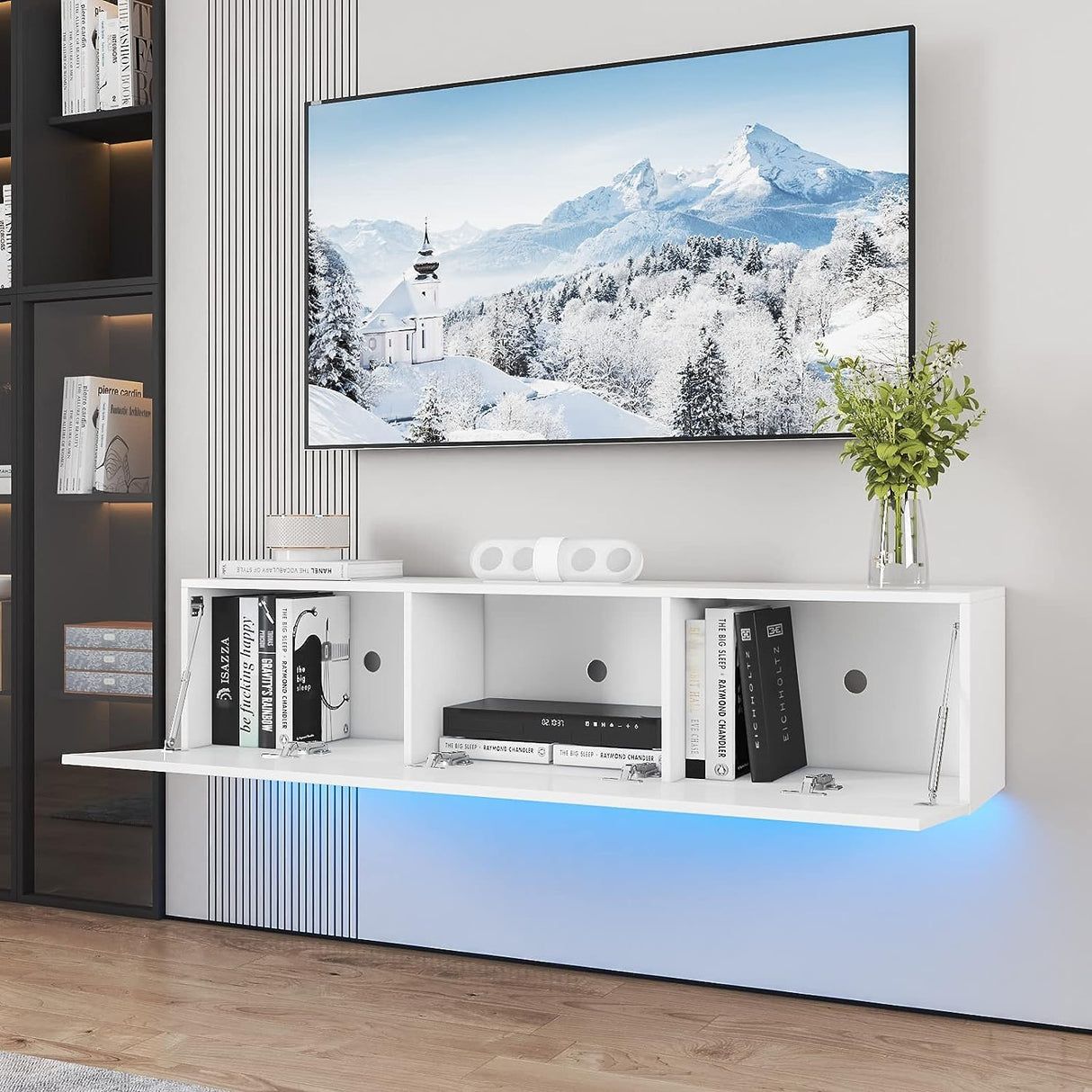 HOMMPA Floating TV Stand with Led Light for 63 Inch TVs Wall Mounted Led Entertainment Center with High Gloss Storage Modern Floor White Mounted Media Console for Living Room HOMMPA