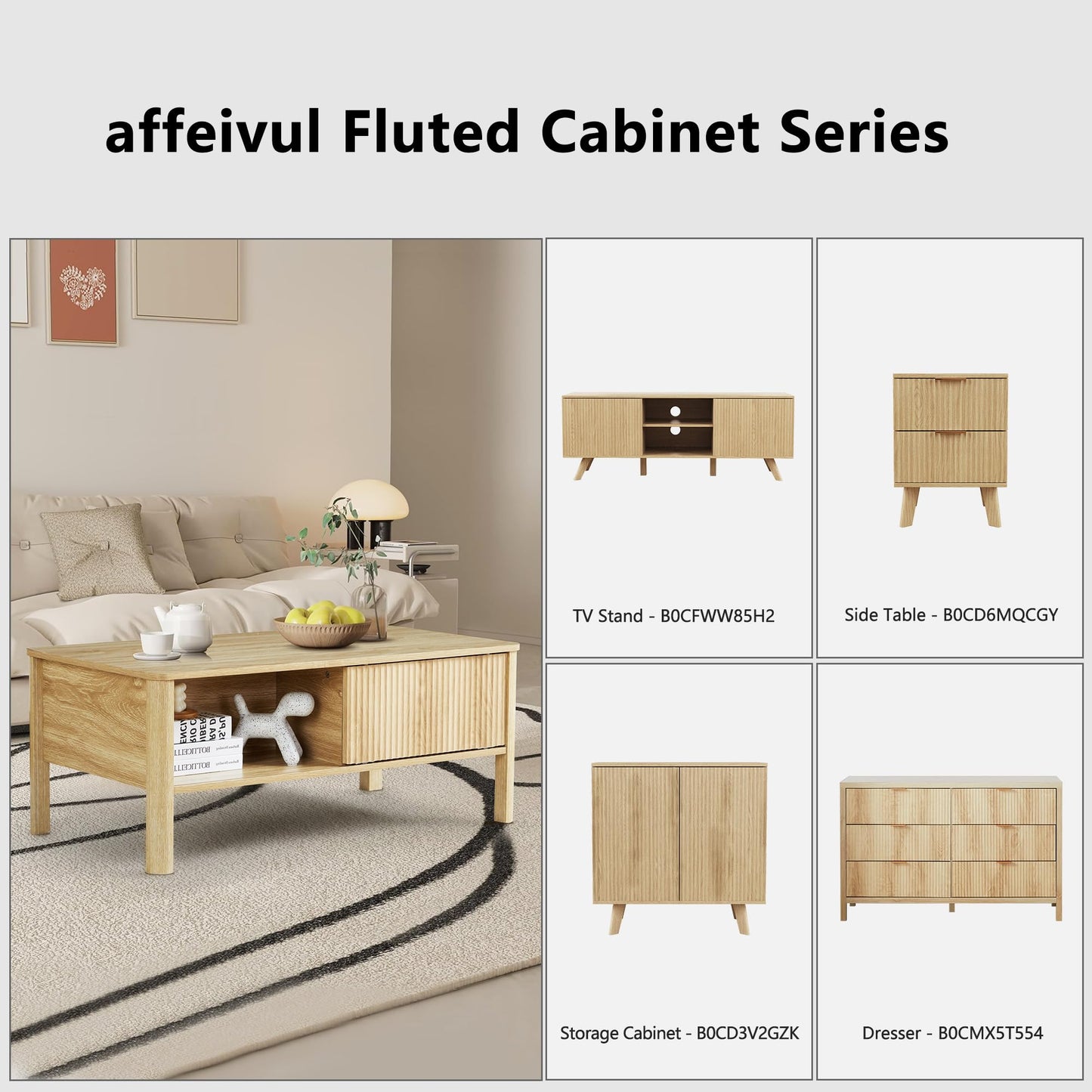 affeivul Rectangle Fluted Coffee Table with Storage and Sliding Drawers, Light Wood Coffee Table, Mid Century Modern Coffee Table Boho Style, Low for Living Room/Bedroom/Office (Natural)