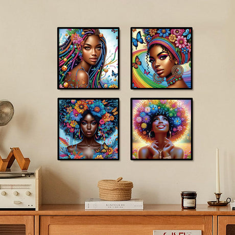 4pcs DIY Diamond Art Painting Kit- African American beauties, 5D Diamond Art Crafts, Suitable for Beginners, Suitable for Home, Art Wall, and Festival Party Decoration, Creative Home Decoration Gifts MVVMTOP