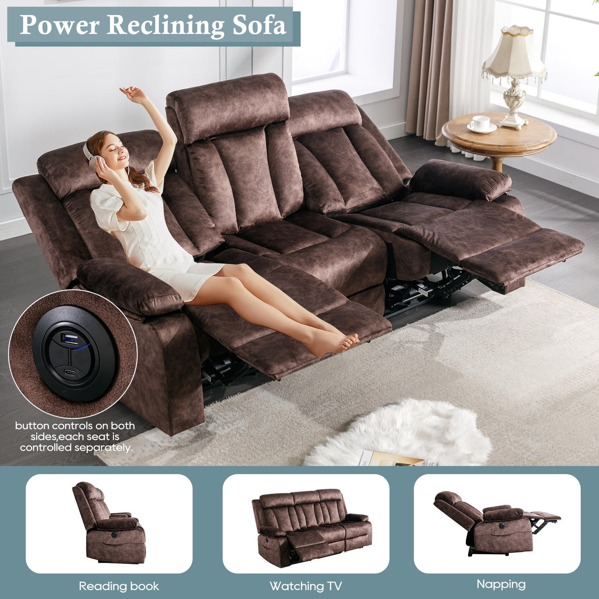 GUEAPY Power Reclining Sofa – 3 Seater Reclining Couch with Massage & Heat, Drop-Down Table, USB & Type-C Charging Ports, Cup Holders, Dutch Velvet,Power Sofa for RV，Media Room & Living Room GUEAPY