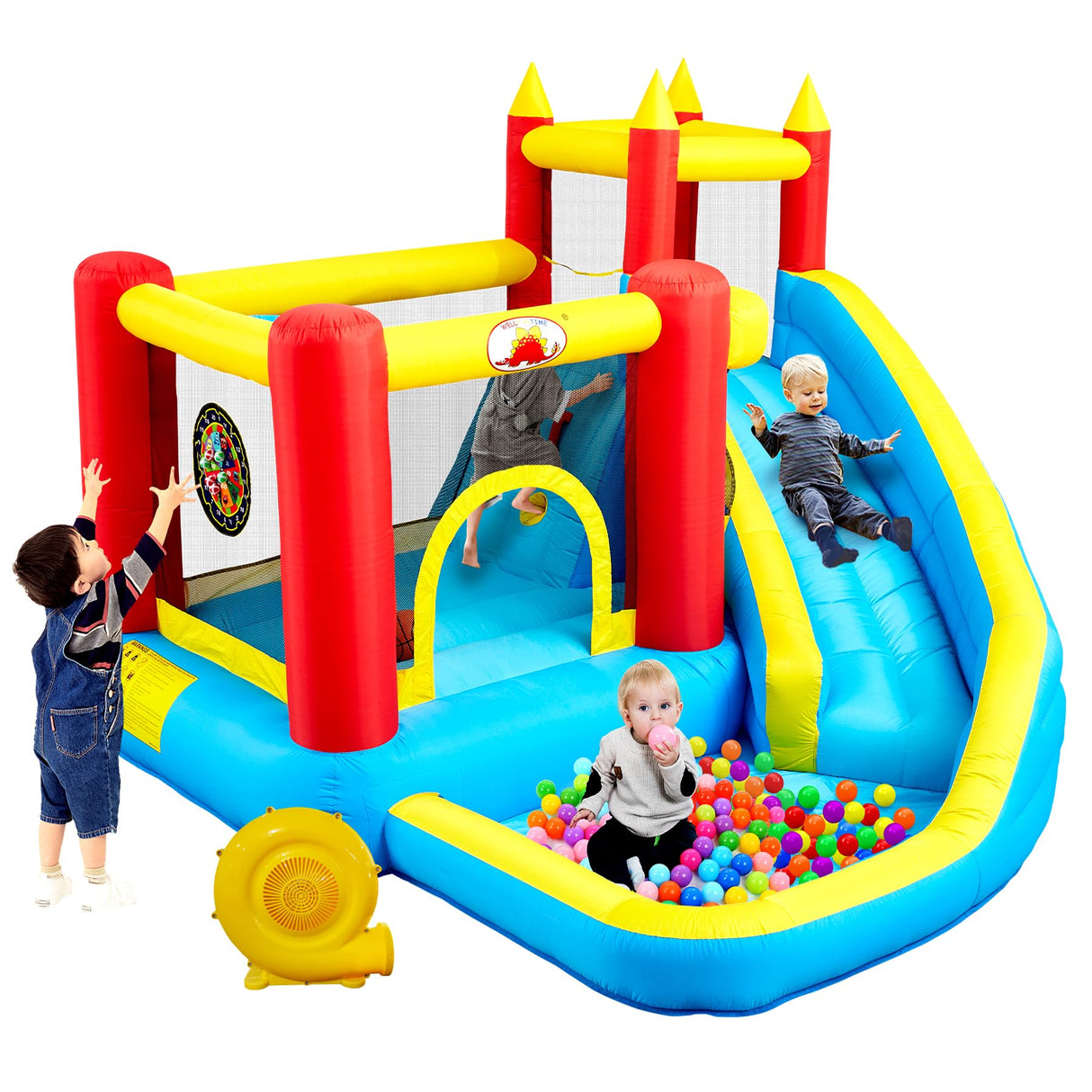 WELLFUNTIME Inflatable Bounce House with Slide, Jumping Castle with Blower, Climbing Wall, Dartboard, Basketball Hoop and 50 Ball Pit Balls, 108x122x86 Inch WELLFUNTIME