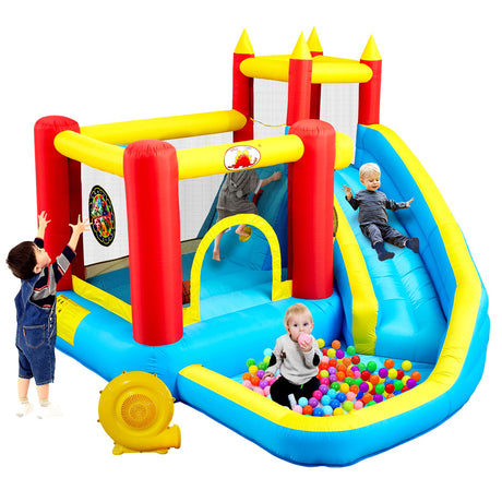 WELLFUNTIME Inflatable Bounce House with Slide, Jumping Castle with Blower, Climbing Wall, Dartboard, Basketball Hoop and 50 Ball Pit Balls, 108x122x86 Inch WELLFUNTIME