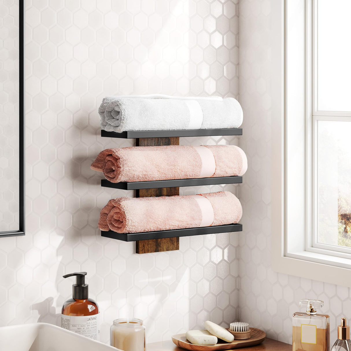 Hoctieon 3-Tier Wall Mount Wine Rack, Wall Mounted Wine Bottle Racks for Display and Storage, Hanging Bottle Holder, for Living Room, Dining Room, Bar, Wine Cellar, Rustic Brown Hoctieon