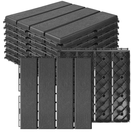 MYFAMIREA 9 Pcs Plastic Interlocking Deck Tiles 12" L x 12" W Patio Floor Decking Tiles Indoor Outdoor Waterproof Non-Slip Flooring Tiles All Weather Use for Balcony Backyard Porch Poolside, Dark Grey MYFAMIREA