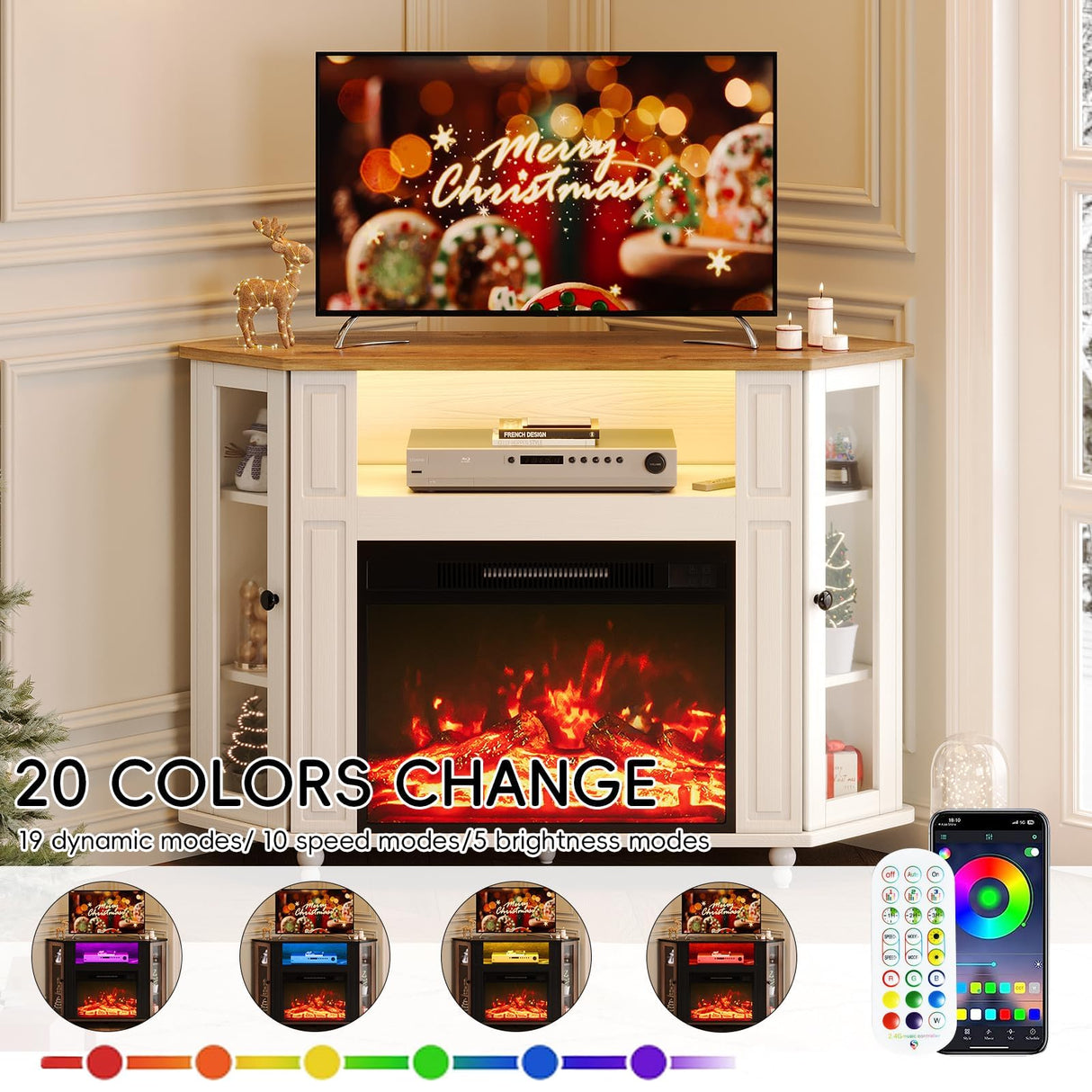 4 EVER WINNER Fireplace TV Stand Corner with LED Lights, Glass Doors, Farmhouse Fireplace Entertainment Center with Adjustable Storage Cabinets, TV Console with Fireplace for Living Room, White 4 EVER WINNER