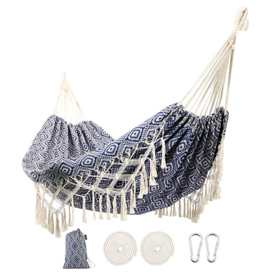 Backyard Hammock with Tassels,Garden Hammocks with Portable Carry,Bag Deluxe Macrame Fringe for Patio,Garden,Backyard,Beach,Outdoor and Indoor Porch Fabric, Up to 450Lbs (Blue-Diamond)