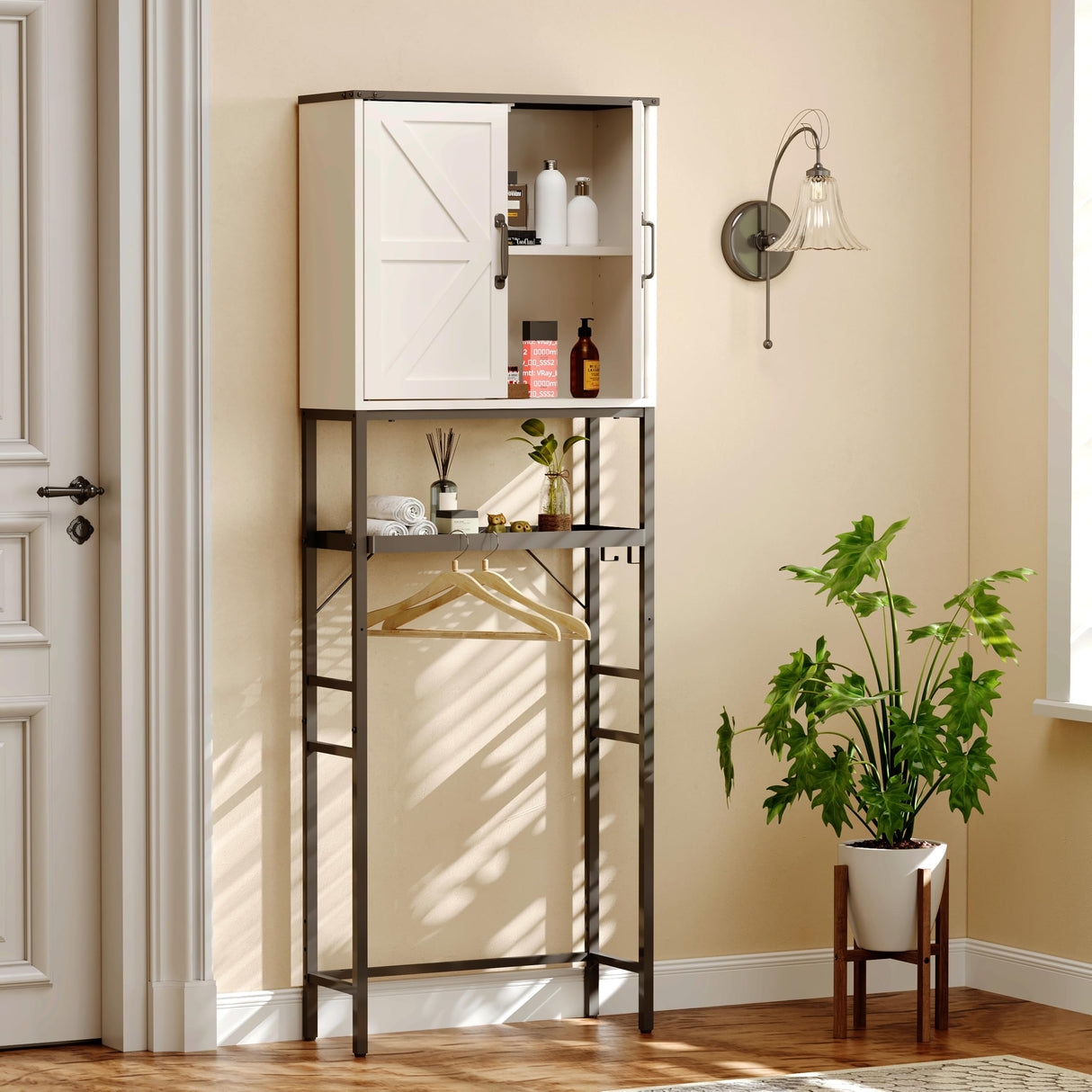 Timboniture Over The Toilet Storage Cabinet, Bathroom Above Toilet Cabinet Organizer with Doors and Adjustable Shelves, Bathroom Shelf Organizer with Anti-Tip Device & Drain Rack, White Timboniture