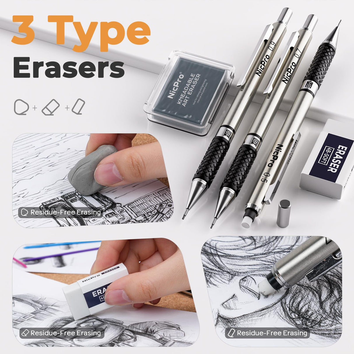 Nicpro Art Drawing Supplies Kit, Art Mechanical Pencil Set with 6 Metal Drafting Pencil 0.5 & 0.7 & 0.9 & 2mm, 100 Sheets 9 x 12'' Sketch Book, 20 Tube Lead Refills for Sketching Nicpro