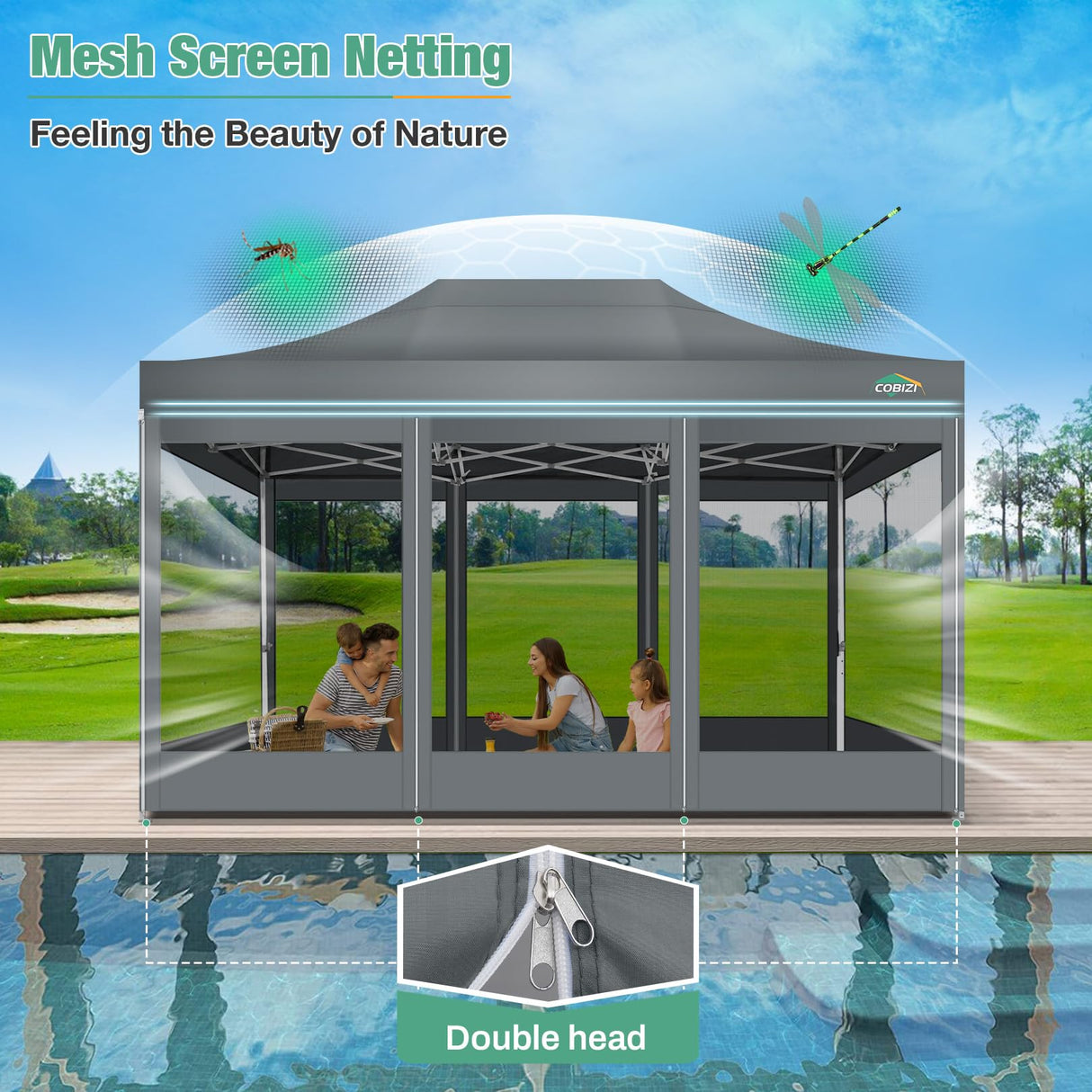 COBIZI 10x15 Canopy Tent, Heavy Duty Pop up Canopy with Sidewalls, Waterproof Easy Setup Canopy with Mosquito Netting, Outdoor Instant Screen Tents for Parties, Wedding, Backyard with Carry Bag, Gray COBIZI