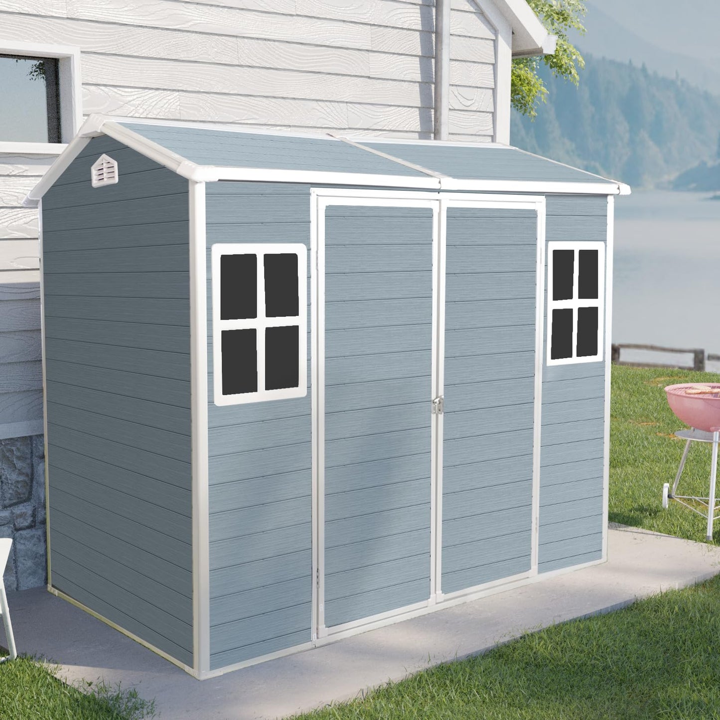 8 FT x 4 FT Resin Outdoor Storage Shed with Two-Window and Double Lockable Door, Plastic Shed with Floor for Gargen, Patio, Yard, Lawn