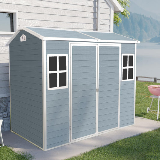 Wekuku 8x4ft Resin Outdoor Storage Shed with Two-Window and Double-Door, Plastic Shed with Floor for Gargen, Patio, Yard, Lawn, Grey (1 Doors) (Grey, 4x8ft)