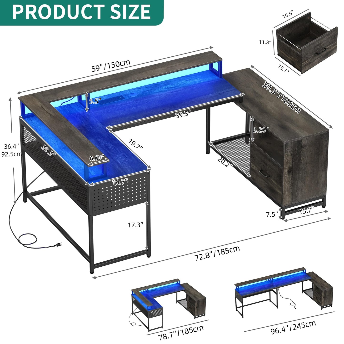 YITAHOME Versatile U Shaped Desk with Power Outlets, LED Lights & Storage Solutions in Grey - WoodArtSupply