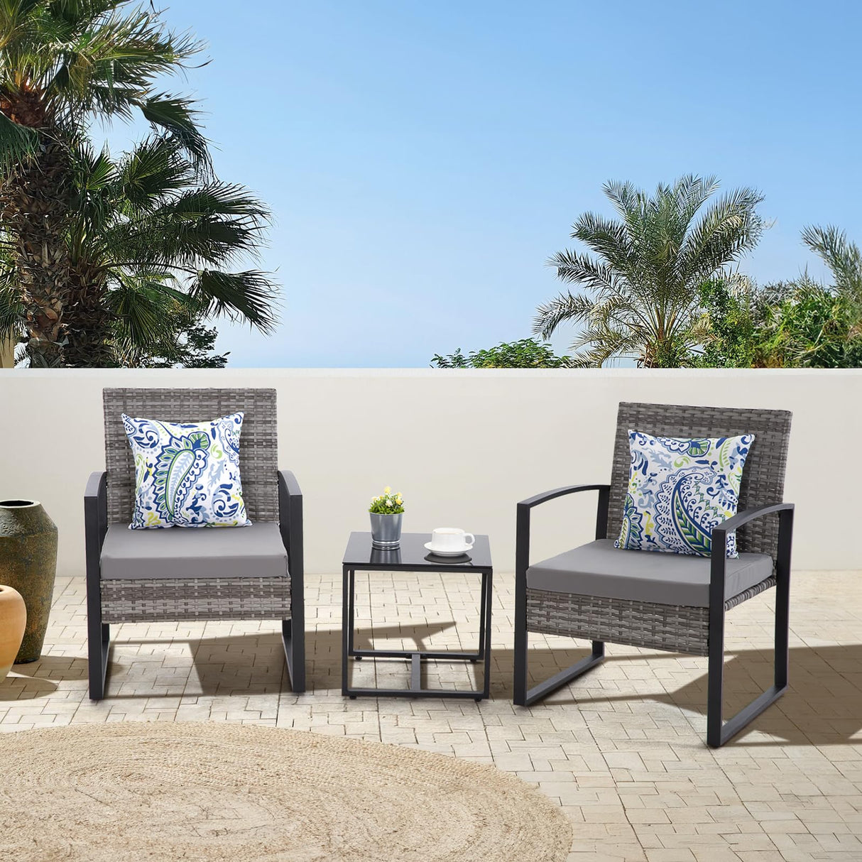 HYDRAGARDEN 3PCS Patio Furniture Set, Outdoor Wicker Bistro Conversation Set with Padded Cushions & Glass Table, Garden Rattan Chair Set for Porch Balcony Backyard (Plus Grey Wicker & Grey Cushions) EARLGROVE